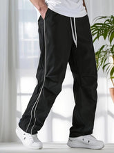 Men's Regular Plain Sports Straight Pants with Drawstrings and Elastic Waistband, Reflective Webbing Design, Suitable for Daily Leisure