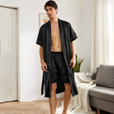 Mens Silk Robe and Shorts Set with Contrast Piping and Short Sleeves