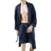 Mens Silk Robe and Silk Boxers Set Contrast Trim Silk Two Piece Set