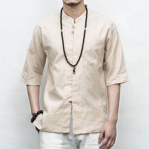 Men's Cotton-Linen Shirt – Frog-Button Mandarin Collar