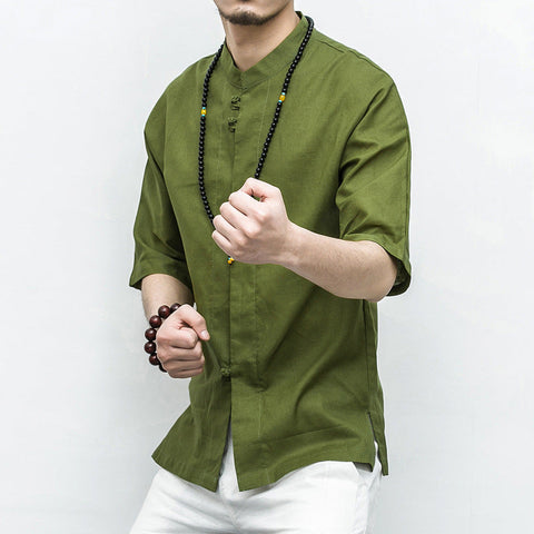 Men's Cotton-Linen Shirt – Frog-Button Mandarin Collar