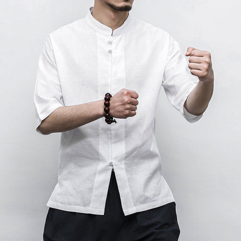 Men's Cotton-Linen Shirt – Frog-Button Mandarin Collar