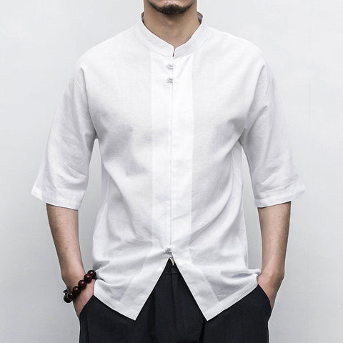 Men's Cotton-Linen Shirt – Frog-Button Mandarin Collar