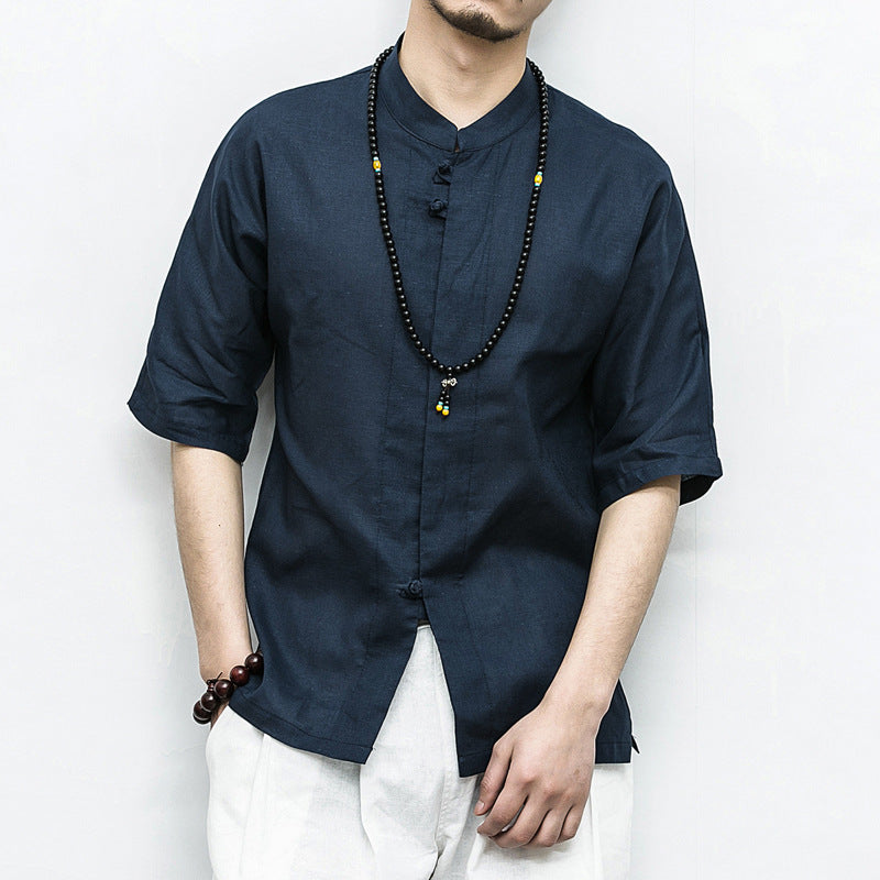 Men's Cotton-Linen Shirt – Frog-Button Mandarin Collar