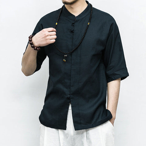 Men's Cotton-Linen Shirt – Frog-Button Mandarin Collar