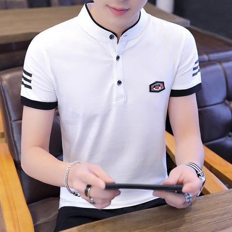 Men's Stand-Collar Cotton Tee – Slim Badge Top