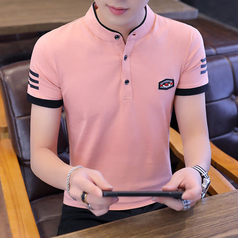 Men's Stand-Collar Cotton Tee – Slim Badge Top