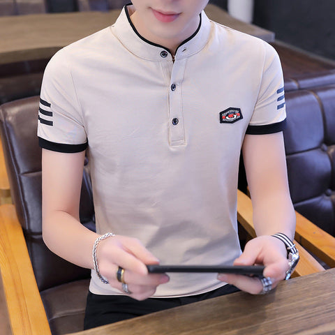Men's Stand-Collar Cotton Tee – Slim Badge Top