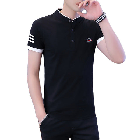 Men's Stand-Collar Cotton Tee – Slim Badge Top