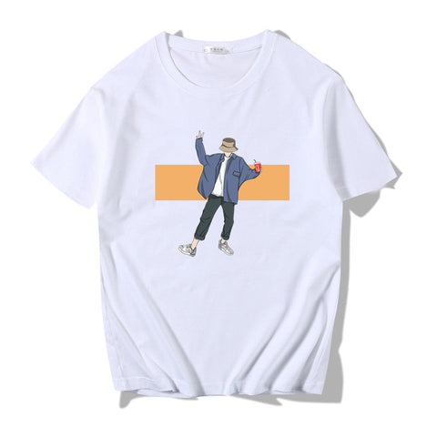 Men's Japanese-Style Loose Print Tee – Round Neck
