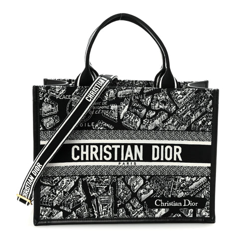 Calfskin Canvas Medium Plan De Paris Book Tote With Strap Black White