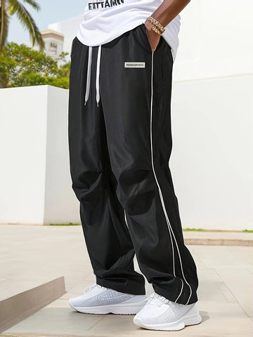 Men's Regular Plain Sports Straight Pants with Drawstrings and Elastic Waistband, Reflective Webbing Design, Suitable for Daily Leisure