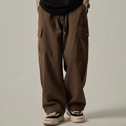 Men's Sweatpants 2026 Spring Autumn Vintage Japanese Wide Leg Straight Loose Button Big Pockets Cargo Pants Drawstring Trousers