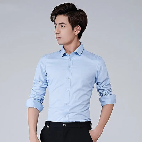 Men's Formal Shirt – Solid Color Long-Sleeve Button-Up