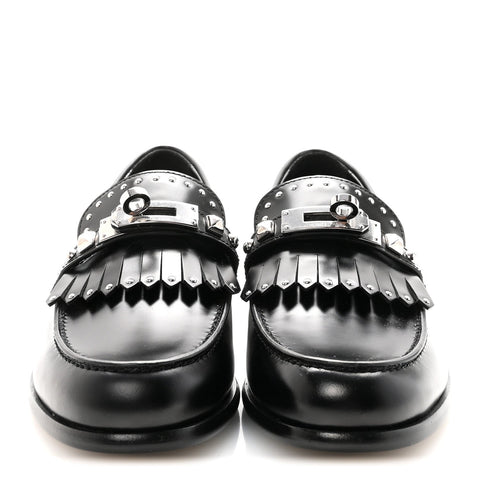 Glazed Calfskin Medor Studded Fringe Womens Destin Loafer 35 Black