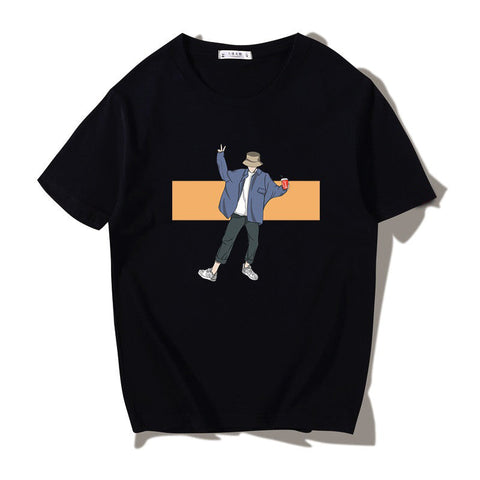 Men's Japanese-Style Loose Print Tee – Round Neck