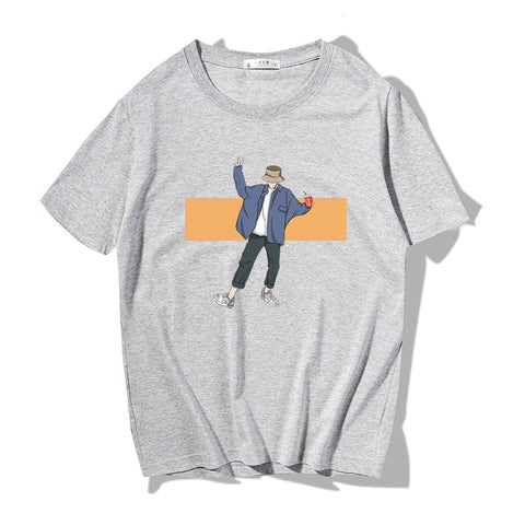 Men's Japanese-Style Loose Print Tee – Round Neck