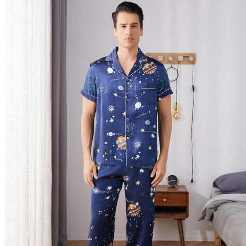 Mens Navy Blue Silk Pajama Set Galaxy Print Mens Silk Pajamas