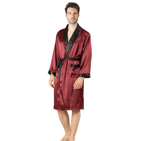 Long Silk Robe For Men 100% Pure Silk Robe With Piping