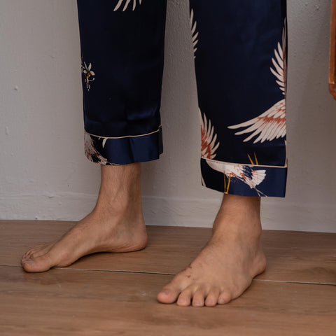 Men Crane Print Long Silk Pajamas Set Pure Silk Sleepwear