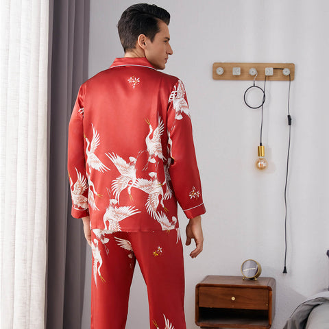 Men Crane Print Long Silk Pajamas Set Pure Silk Sleepwear