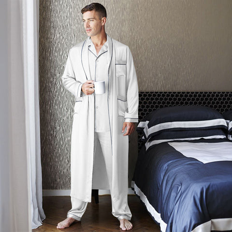 Mens Long Silk Pajamas & Robe Set  Full Length Silk Sleepwear
