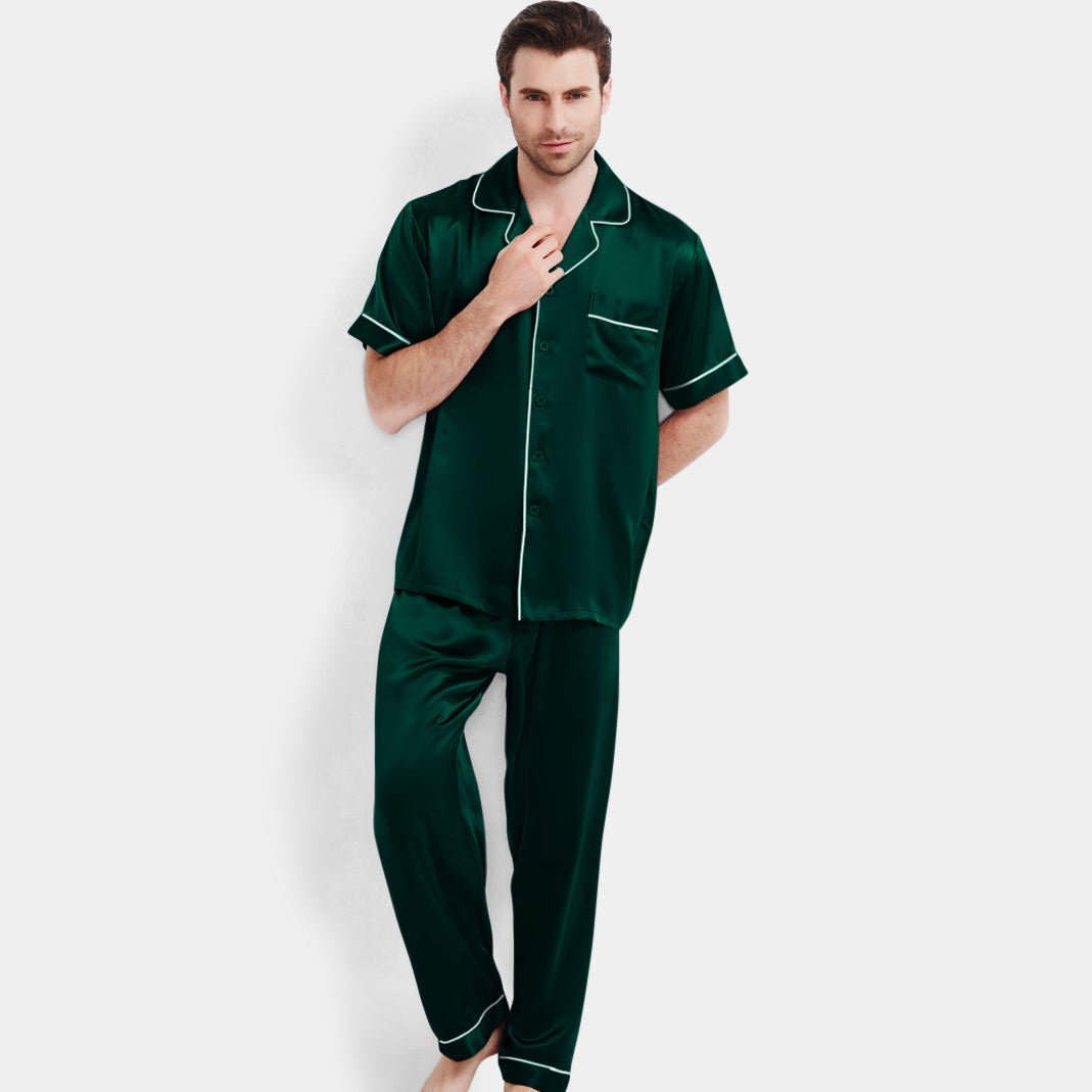 Men's Luxury Silk Pajamas Set Short Sleeve Long Pants Silk Nightwear