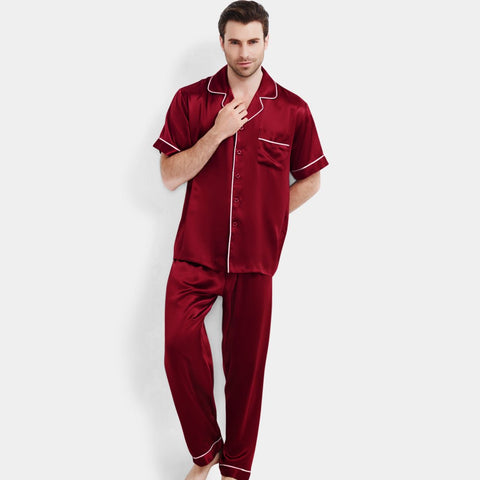 Men's Luxury Silk Pajamas Set Short Sleeve Long Pants Silk Nightwear