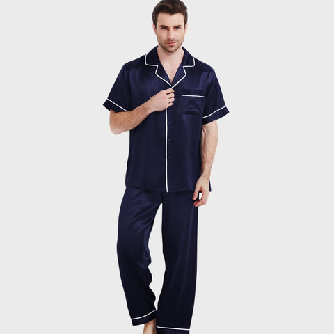Men's Luxury Silk Pajamas Set Short Sleeve Long Pants Silk Nightwear