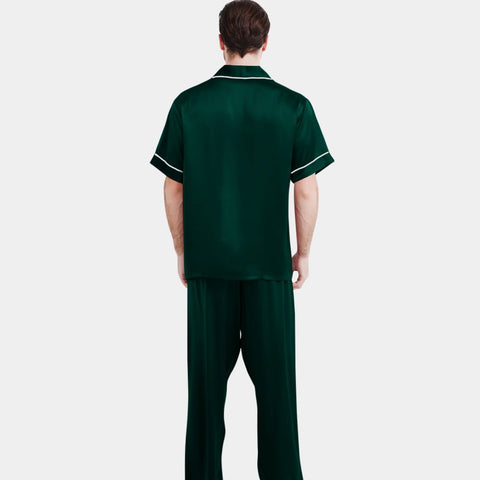 Men's Luxury Silk Pajamas Set Short Sleeve Long Pants Silk Nightwear