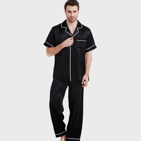 Men's Luxury Silk Pajamas Set Short Sleeve Long Pants Silk Nightwear