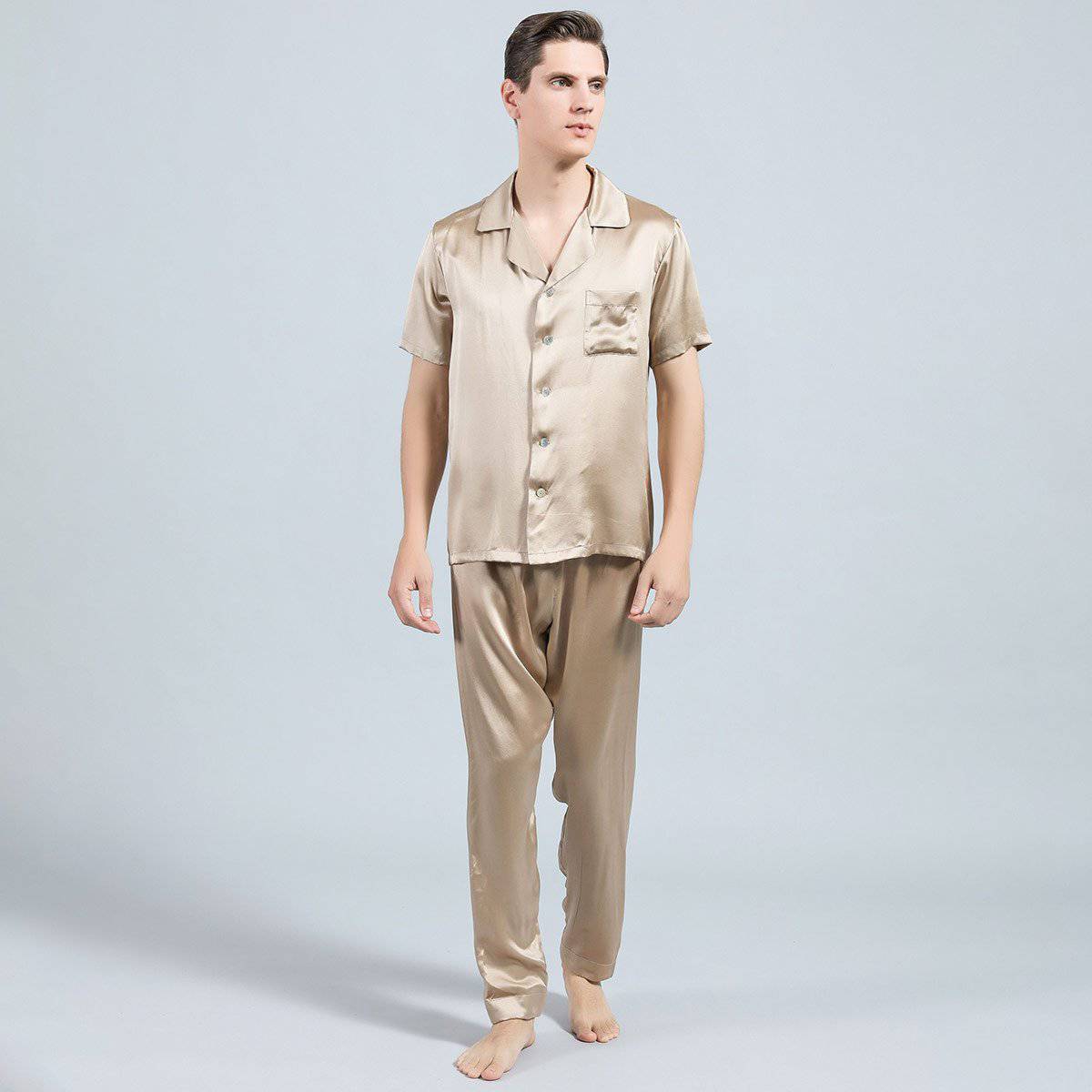Mens Silk Pajamas with Short Sleeve Long Pants Silk Mens Pajamas