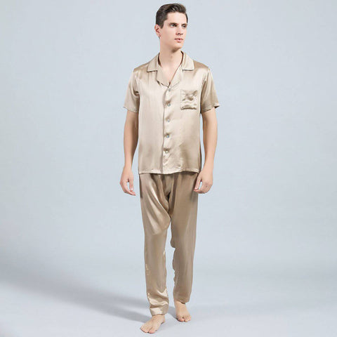 Mens Silk Pajamas with Short Sleeve Long Pants Silk Mens Pajamas