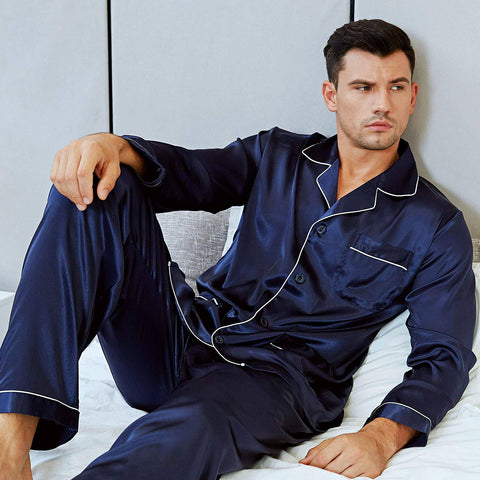 Mens Silk Pajamas with Pockets Full Length Silk Pajama Pants Set
