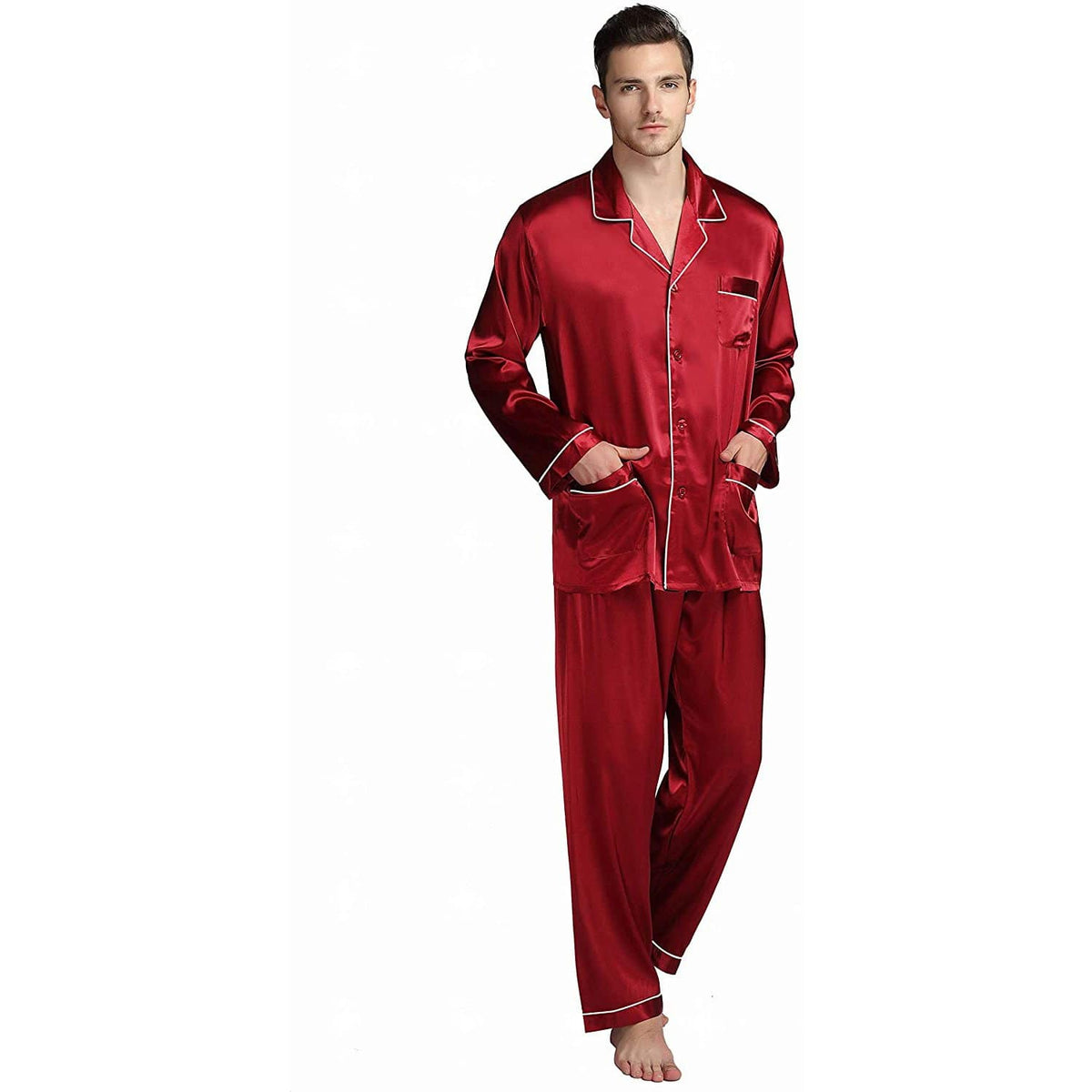 Mens Silk Pajamas with Pockets Full Length Silk Pajama Pants Set