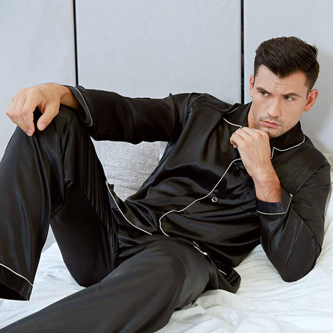 Mens Silk Pajamas with Pockets Full Length Silk Pajama Pants Set
