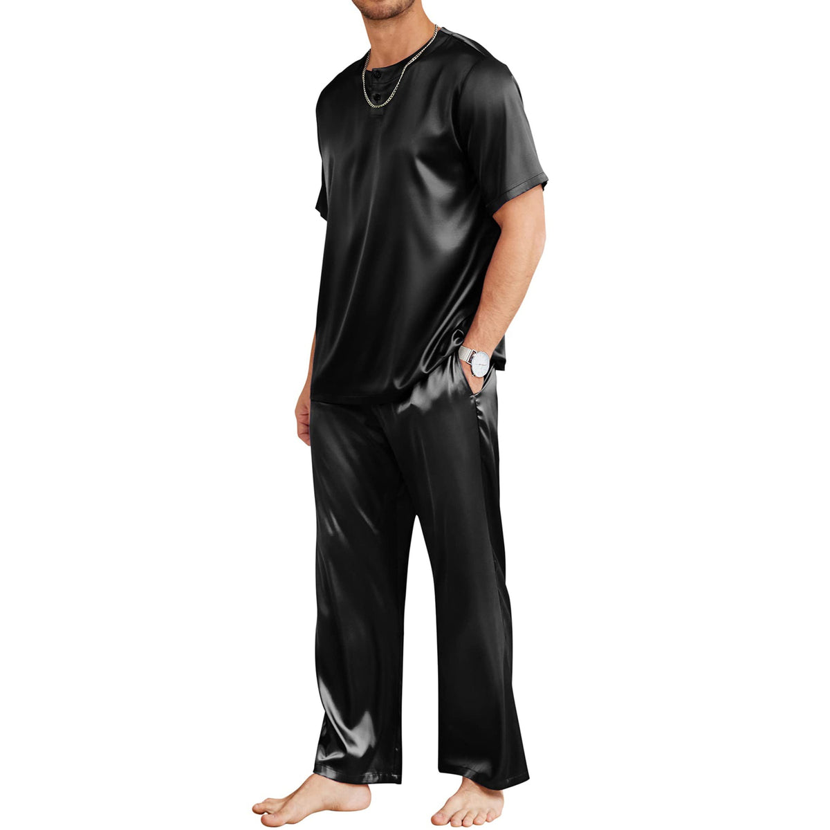 Mens Silk Pajamas with Short Sleeve Henley Top and Full Length Pants