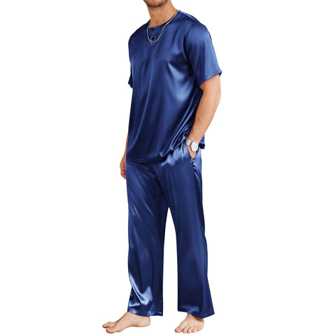 Mens Silk Pajamas with Short Sleeve Henley Top and Full Length Pants