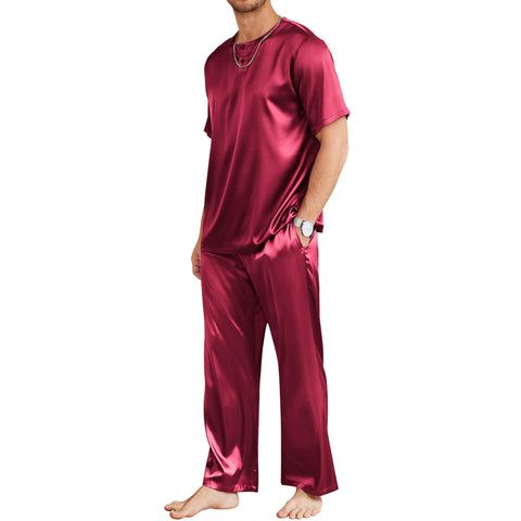 Mens Silk Pajamas with Short Sleeve Henley Top and Full Length Pants