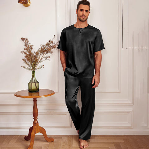 Mens Silk Pajamas with Short Sleeve Henley Top and Full Length Pants