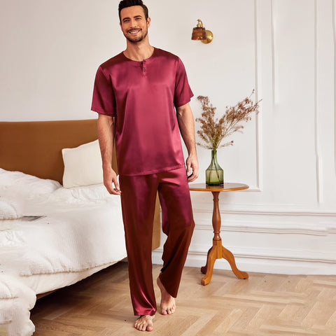 Mens Silk Pajamas with Short Sleeve Henley Top and Full Length Pants