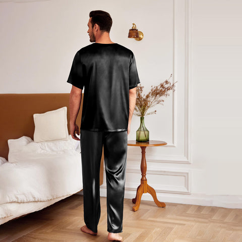 Mens Silk Pajamas with Short Sleeve Henley Top and Full Length Pants