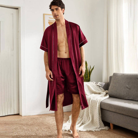 Mens Silk Robe and Shorts Set with Contrast Piping and Short Sleeves