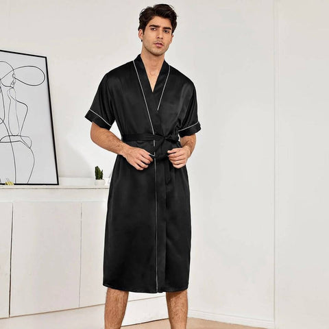 Mens Silk Robe and Shorts Set with Contrast Piping and Short Sleeves
