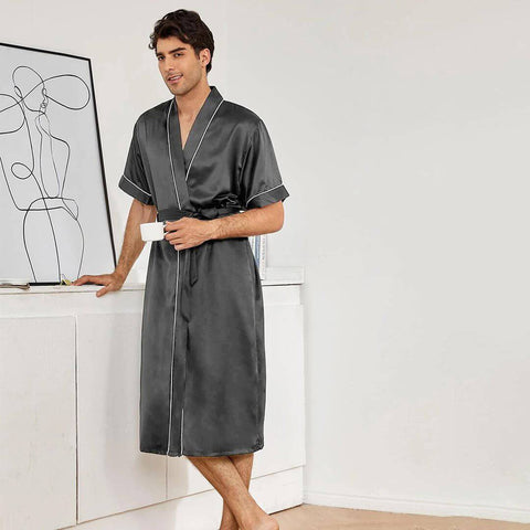 Mens Silk Robe and Shorts Set with Contrast Piping and Short Sleeves