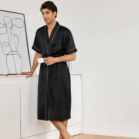 Mens Silk Robe and Shorts Set with Contrast Piping and Short Sleeves