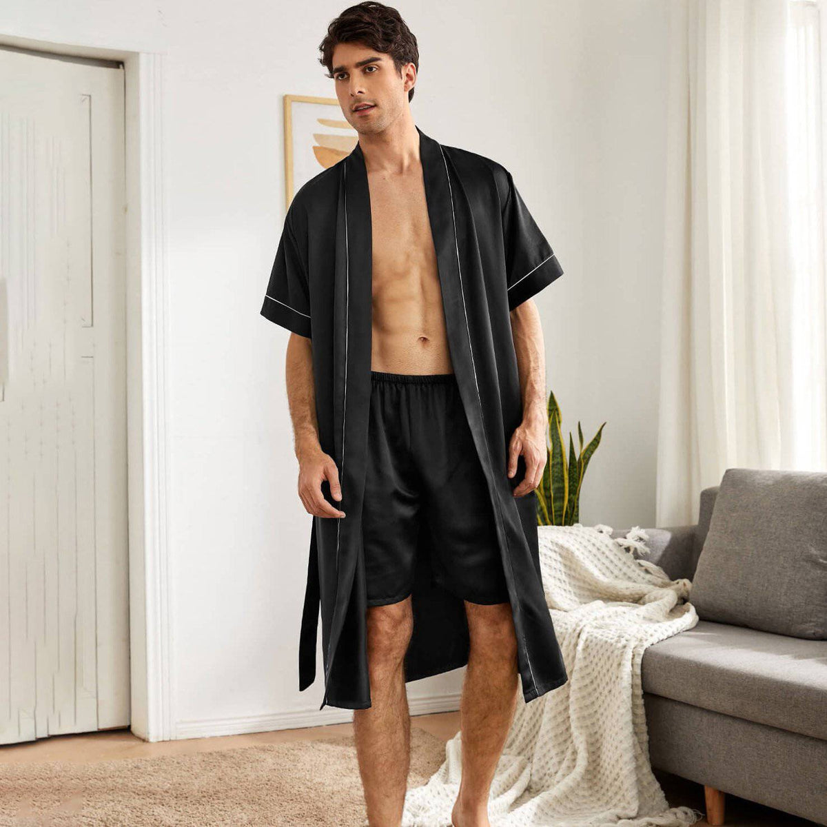 Mens Silk Robe and Shorts Set with Contrast Piping and Short Sleeves