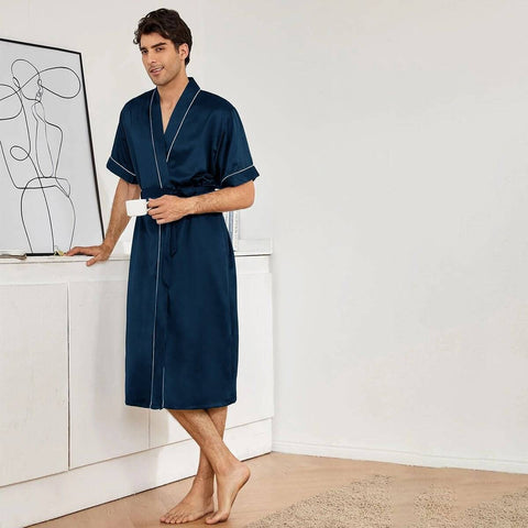 Mens Silk Robe and Shorts Set with Contrast Piping and Short Sleeves