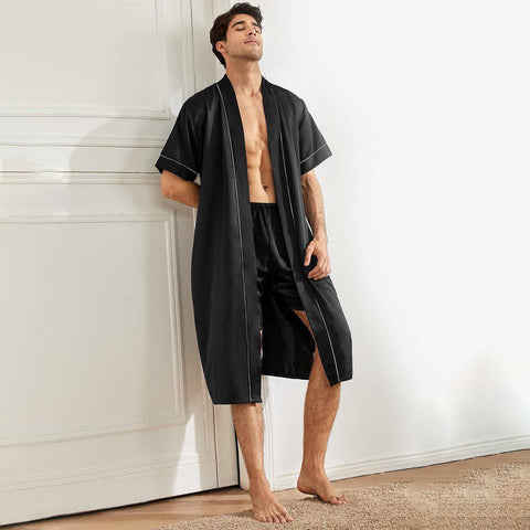 Mens Silk Robe and Shorts Set with Contrast Piping and Short Sleeves
