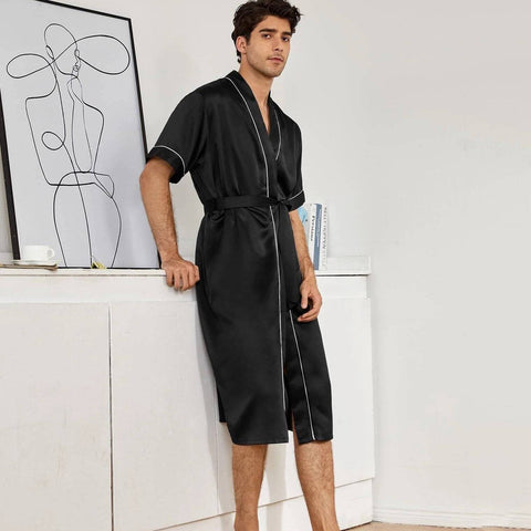 Mens Silk Robe and Shorts Set with Contrast Piping and Short Sleeves